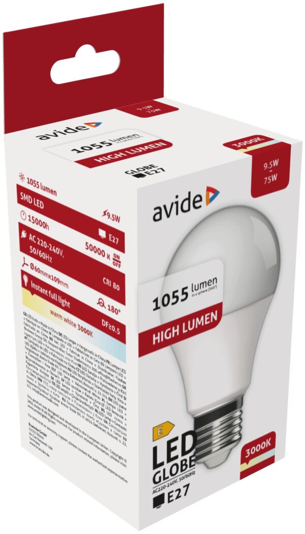 Avide LED Globe A60 9.5W E27 WW 3000K | BR (SKU:ABG27WW-9.5W-AP) Gömb