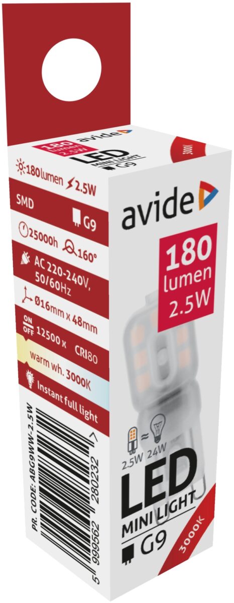 Avide LED 2.5W G9 WW 3000K fekvő | BR (SKU:ABG9WW-2.5W-B) Kapszula