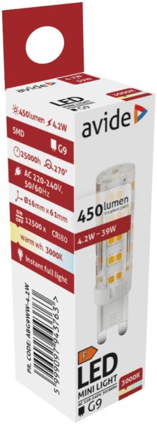 Avide LED 4.2W G9 WW 3000K fekvő | BR (SKU:ABG9WW-4.2W-B) Kapszula