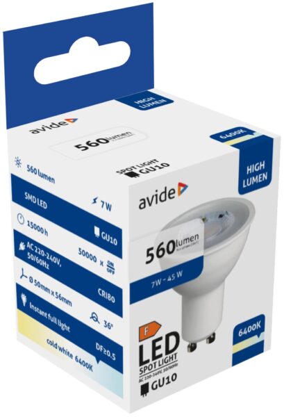 Avide LED Spot Alu+Plastic 7W GU10 36° CW 6400K | BR (SKU:ABGU10CW-7W-NBA) Szpot Avide LED Spot Alu+Plastic 7W GU10 36° CW 6400K | BR (SKU:ABGU10CW-7W-NBA) Szpot