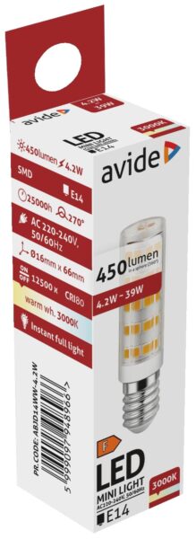 Avide LED 4.2W JD E14 WW 3000K fekvő | BR (SKU:ABJD14WW-4.2W-B) Kapszula