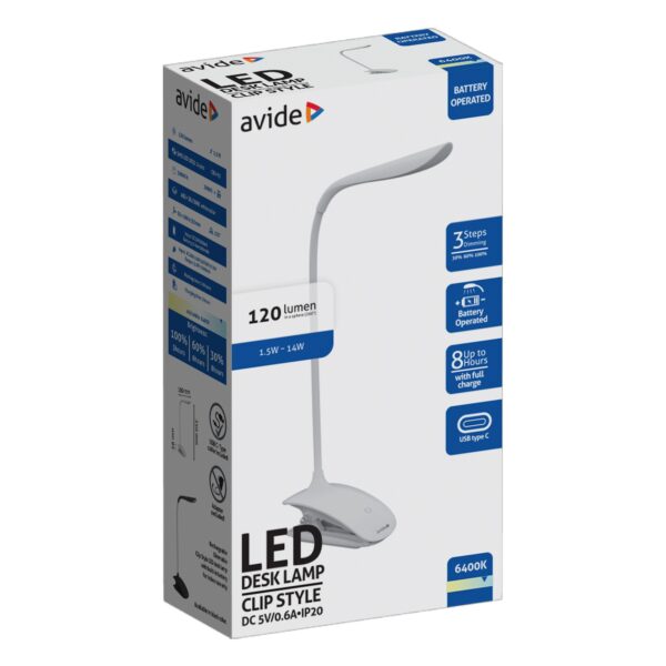 Avide LED Asztali Lámpa Csíptethető Fehér 1.5W USB töltőkábellel | BR (SKU:ABLDL-CLIP-1.5W-A) Importált Avide LED Asztali Lámpa Csíptethető Fehér 1.5W USB töltőkábellel | BR (SKU:ABLDL-CLIP-1.5W-A) Importált