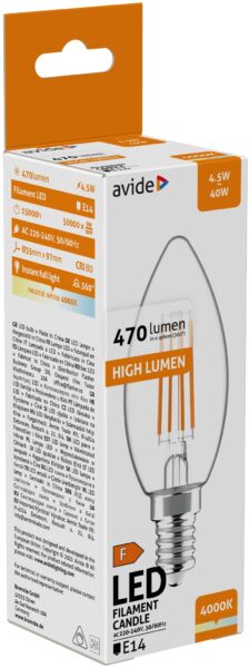 Avide LED Filament Candle 6.5W E14 NW 4000K High Lumen | BR (SKU:ABLFC14NW-HL-6.5W) LED izzók