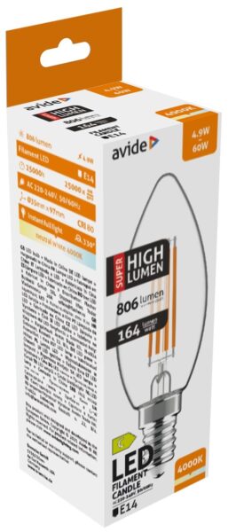 Avide LED Filament Candle 4.9W E14 NW 4000K Super High Lumen | BR (SKU:ABLFC14NW-4.9W-SHL) Gyertya