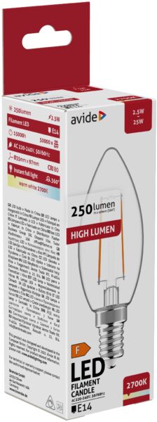 Avide LED Filament Candle 2.5W E14 WW 2700K | BR (SKU:ABLFC14WW-2.5W) LED izzók Avide LED Filament Candle 2.5W E14 WW 2700K | BR (SKU:ABLFC14WW-2.5W) LED izzók