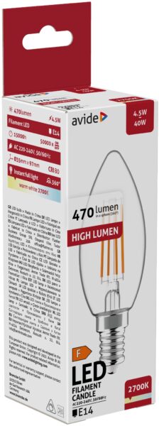 Avide LED Filament Candle 4.5W E14 WW 2700K | BR (SKU:ABLFC14WW-4.5W) LED izzók Avide LED Filament Candle 4.5W E14 WW 2700K | BR (SKU:ABLFC14WW-4.5W) LED izzók