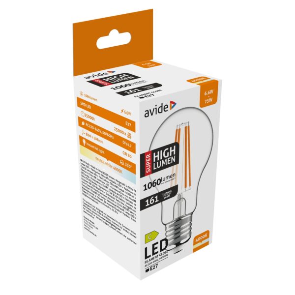 Avide LED Filament Globe 6.6W E27 A60 NW 4000K Super High Lumen | BR (SKU:ABLFG27NW-6.6W-SHL) Gömb Avide LED Filament Globe 6.6W E27 A60 NW 4000K Super High Lumen | BR (SKU:ABLFG27NW-6.6W-SHL) Gömb