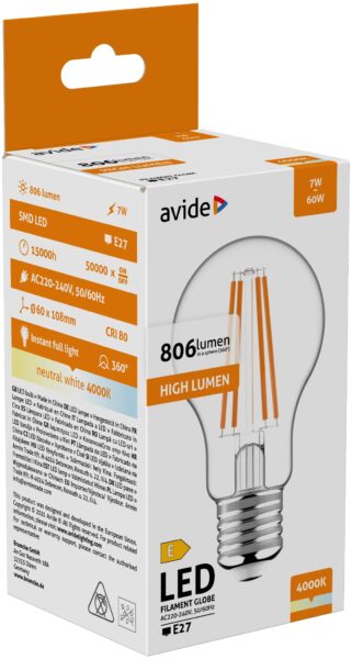 Avide LED Filament Globe 7W E27 NW 4000K | BR (SKU:ABLFG27NW-7W) LED izzók