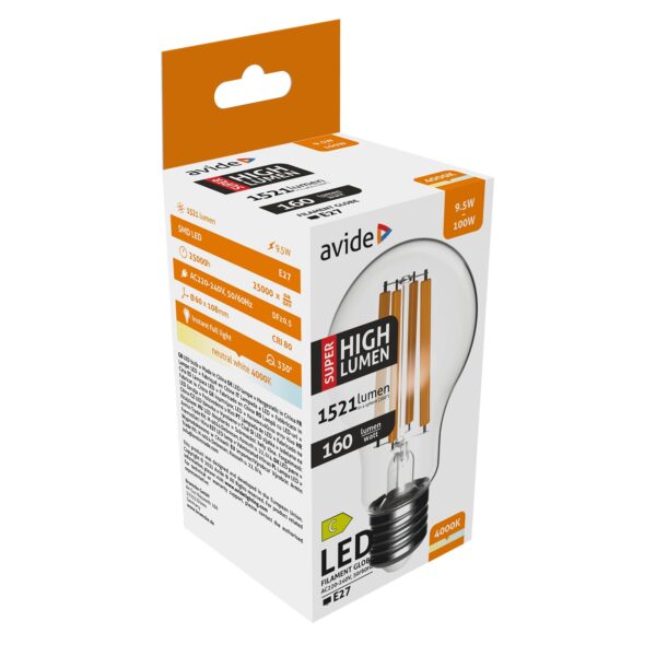 Avide LED Filament Globe 9.5W E27 A60 NW 4000K Super High Lumen | BR (SKU:ABLFG27NW-9.5W-SHL) Gömb