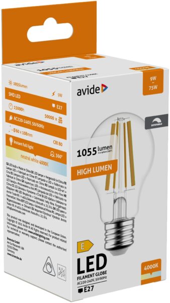 Avide LED Filament Globe 9W Fényerőszabályzós E27 NW 4000K | BR (SKU:ABLFG27NW-9W-D) LED izzók