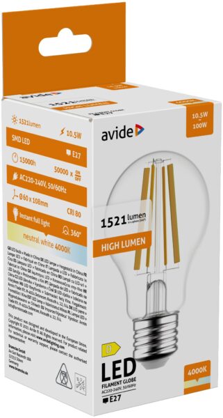 Avide LED Filament Globe 10.5W E27 A60 NW 4000K High Lumen | BR (SKU:ABLFG27NW-HL-10.5W) LED izzók