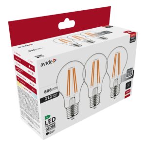 Avide LED Filament Globe 3.8W E27 WW 3000K Super High Lumen 3db/csomag | BR (SKU:ABLFG27WW-3.8W-3P) Gömb