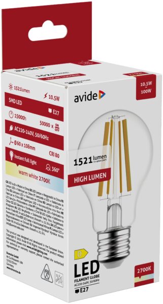 Avide LED Filament Globe 10.5W E27 A65 WW 2700K High Lumen | BR (SKU:ABLFG27WW-HL-10.5W) LED izzók
