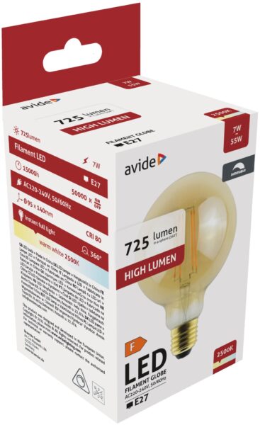 Avide LED Filament Globe G95 7W Fényerőszabályzós Borostyán E27 WW 2500K | BR (SKU:ABLFG95WW-7W-DAC) Speciális Avide LED Filament Globe G95 7W Fényerőszabályzós Borostyán E27 WW 2500K | BR (SKU:ABLFG95WW-7W-DAC) Speciális