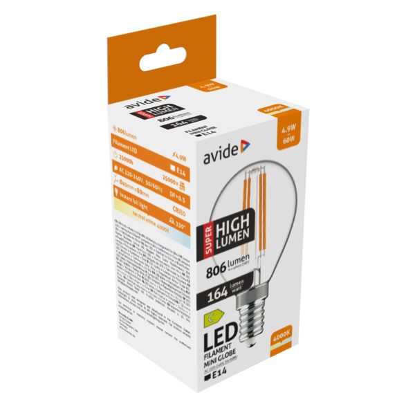 Avide LED Filament Mini Globe 4.9W E14 NW 4000K Super High Lumen | BR (SKU:ABLFMG14NW-4.9W-SHL) Mini Gömb Avide LED Filament Mini Globe 4.9W E14 NW 4000K Super High Lumen | BR (SKU:ABLFMG14NW-4.9W-SHL) Mini Gömb