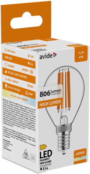 Avide LED Filament Mini Globe 6.5W E14 NW 4000K High Lumen | BR (SKU:ABLFMG14NW-HL-6.5W) LED izzók Avide LED Filament Mini Globe 6.5W E14 NW 4000K High Lumen | BR (SKU:ABLFMG14NW-HL-6.5W) LED izzók