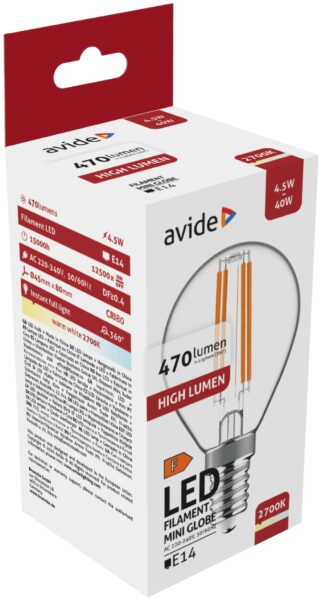 Avide LED Filament Mini Globe 4.5W E14 WW 2700K | BR (SKU:ABLFMG14WW-4.5W) LED izzók Avide LED Filament Mini Globe 4.5W E14 WW 2700K | BR (SKU:ABLFMG14WW-4.5W) LED izzók