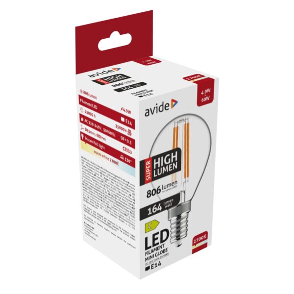 Avide LED Filament Mini Globe 4.9W E14 WW 2700K Super High Lumen | BR (SKU:ABLFMG14WW-4.9W-SHL) Mini Gömb Avide LED Filament Mini Globe 4.9W E14 WW 2700K Super High Lumen | BR (SKU:ABLFMG14WW-4.9W-SHL) Mini Gömb