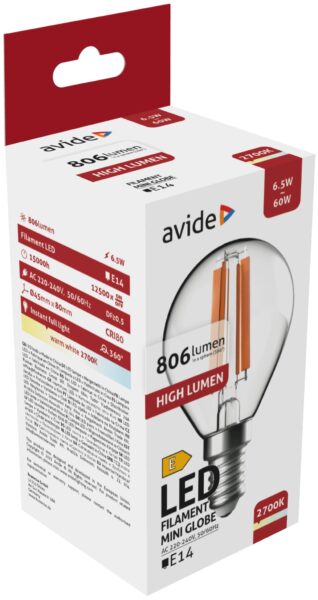 Avide LED Filament Mini Globe 6.5W E14 WW 2700K High Lumen | BR (SKU:ABLFMG14WW-HL-6.5W) Mini Gömb Avide LED Filament Mini Globe 6.5W E14 WW 2700K High Lumen | BR (SKU:ABLFMG14WW-HL-6.5W) Mini Gömb