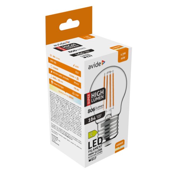 Avide LED Filament Mini Globe 4.9W E27 NW 4000K Super High Lumen | BR (SKU:ABLFMG27NW-4.9W-SHL) Mini Gömb