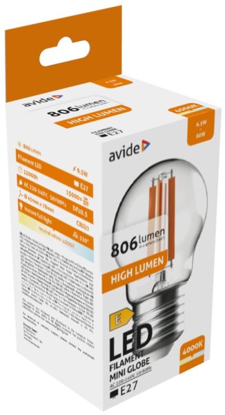 Avide LED Filament Mini Globe 6.5W E27 NW 4000K High Lumen | BR (SKU:ABLFMG27NW-HL-6.5W) LED izzók