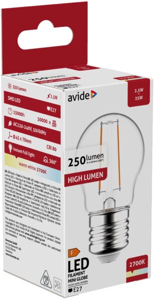 Avide LED Filament Mini Globe 2.5W E27 WW 2700K | BR (SKU:ABLFMG27WW-2.5W) LED izzók Avide LED Filament Mini Globe 2.5W E27 WW 2700K | BR (SKU:ABLFMG27WW-2.5W) LED izzók