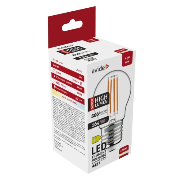 Avide LED Filament Mini Globe 4.9W E27 WW 2700K Super High Lumen | BR (SKU:ABLFMG27WW-4.9W-SHL) Mini Gömb Avide LED Filament Mini Globe 4.9W E27 WW 2700K Super High Lumen | BR (SKU:ABLFMG27WW-4.9W-SHL) Mini Gömb