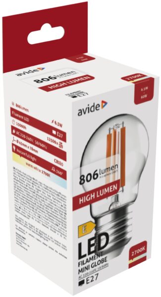 Avide LED Filament Mini Globe 6.5W E27 WW 2700K High Lumen | BR (SKU:ABLFMG27WW-HL-6.5W) Mini Gömb Avide LED Filament Mini Globe 6.5W E27 WW 2700K High Lumen | BR (SKU:ABLFMG27WW-HL-6.5W) Mini Gömb