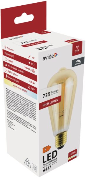 Avide LED Filament ST57 7W Fényerőszabályzós Borostyán E27 WW 2500K | BR (SKU:ABLFST57WW-7W-DAC) LED izzók