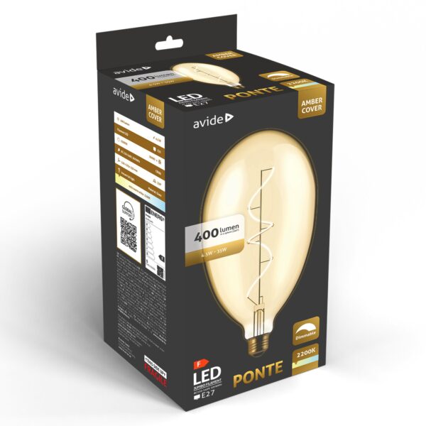 Avide LED Jumbo Filament Ponte Amber 4.5W E27 2200K Fényerőszabályzós | BR (SKU:ABLJFA-4.5W-PON) Jumbo