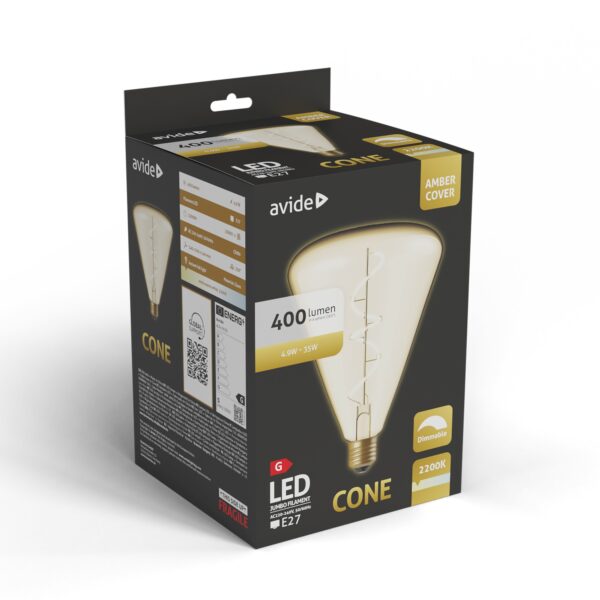 Avide LED Jumbo Filament Cone Amber 4.9W E27 2200K Fényerőszabályzós | BR (SKU:ABLJFA-4.9W-CON) Jumbo