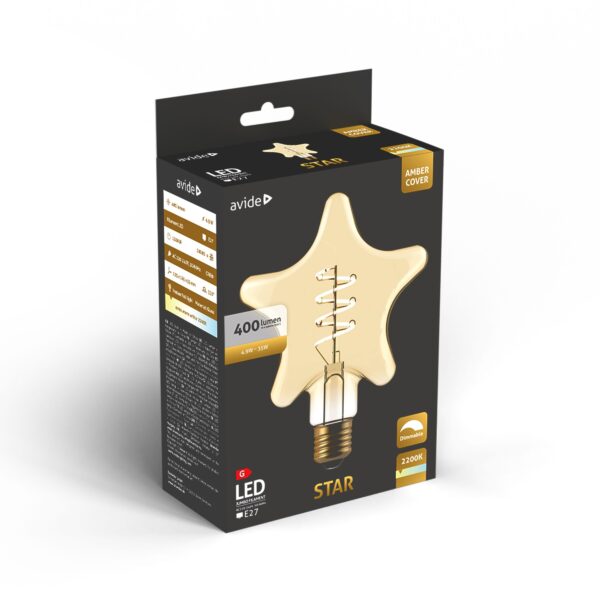 Avide LED Jumbo Filament Star Amber 4.9W E27 2200K Fényerőszabályzós | BR (SKU:ABLJFA-4.9W-STA) Jumbo
