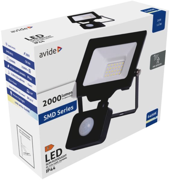 Avide LED Reflektor Slim SMD 20W CW 6400K Mozgásérzékelős PIR | BR (SKU:ABLRFLCW-20W-PIR) Reflektorok