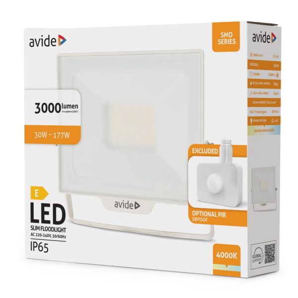 Avide LED Reflektor SMD 30W NW 4000K Opc.PIR Fehér | BR (SKU:ABLRFLNW-30W-OPIR-W) OPIR