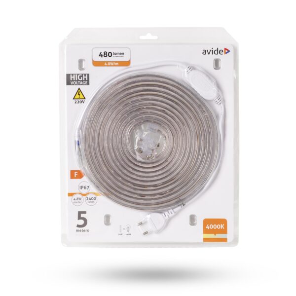 Avide LED Szalag Bliszter 220V 4.8W SMD3528 60LED 4000K IP67 5m | BR (SKU:ABLSBL-220V-3528-60NW67) Szettek