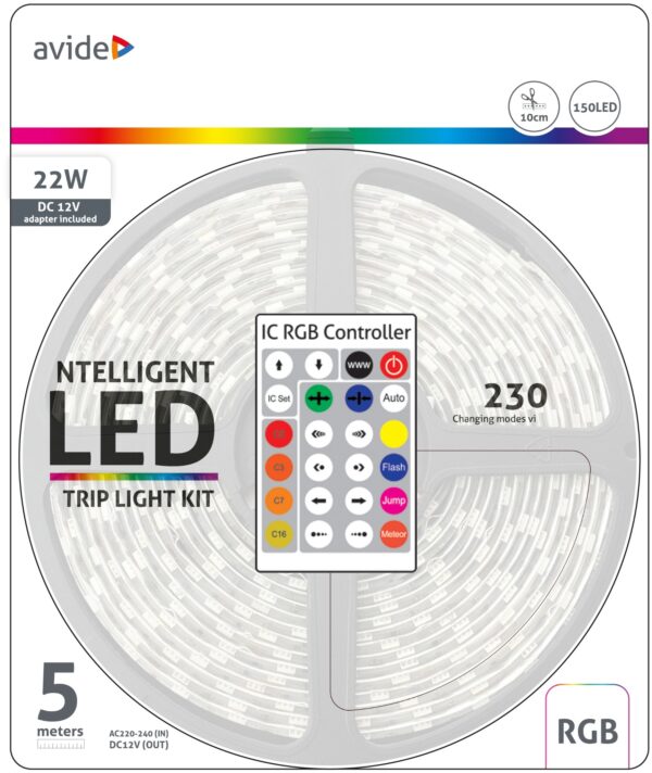 Avide LED Szalag Bliszter 12V 22W SMD5050 30LED címezhető IC RGB IP65 5m + Prg.távirányító | BR (SKU:ABLSBL12V5050-30RGB-IC65) Szettek