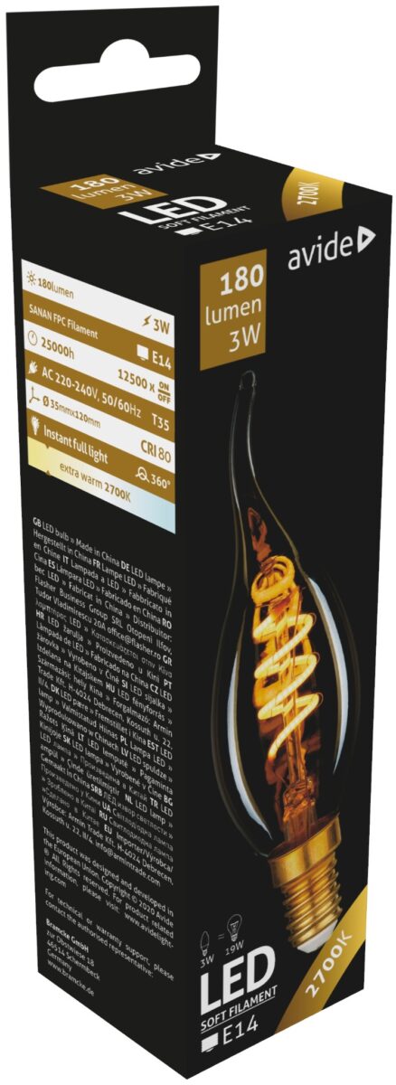 Avide LED Soft Filament Candle Flame 3W E14 EW 2700K | BR (SKU:ABLSFCF14EW-3W) Soft
