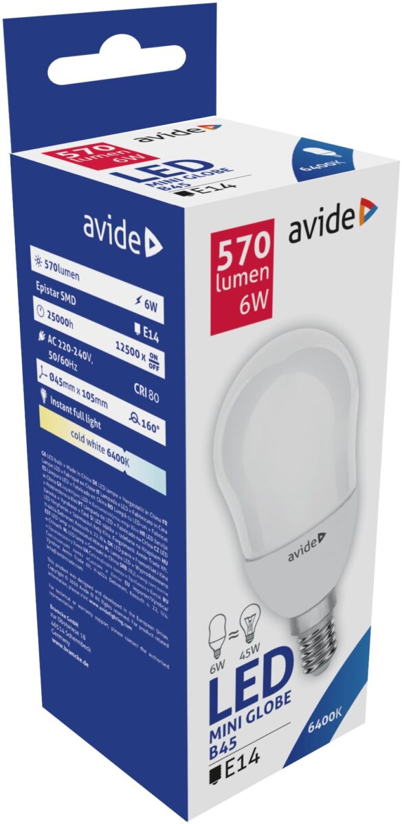 Avide LED Globe Mini B45 6W E14 CW 6400K | BR (SKU:ABMB14CW-6W) Mini Gömb