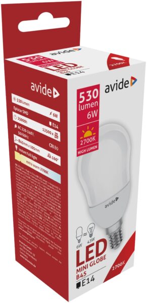 Avide LED Globe Mini B45 6W E14 EW 2700K | BR (SKU:ABMB14EW-6W) Mini Gömb Avide LED Globe Mini B45 6W E14 EW 2700K | BR (SKU:ABMB14EW-6W) Mini Gömb