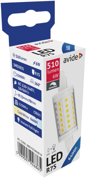 Avide LED 6W R7S 23x78mm CW 6400K Fényerőszabályzós | BR (SKU:ABR7SCW6W-D) LED izzók