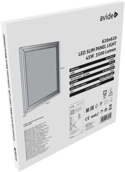 Avide LED Slim Panel 622x622x10mm 45W WW 3000K | BR (SKU:ABSLP620-45W-WW) LED panelek