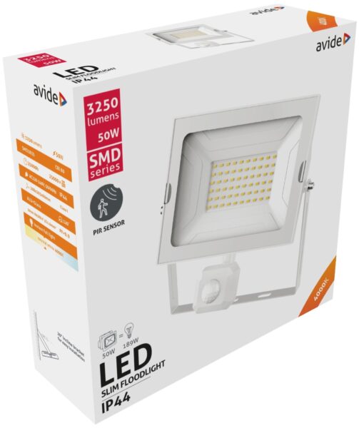 Avide LED Reflektor Slim SMD 50W NW 4000K Mozgásérzékelős PIR Fehér *Sérült csomagolás* | BR (SKU:ABSSFLNW-50W-PIR-W-SCS) Mozgásérzékelős
