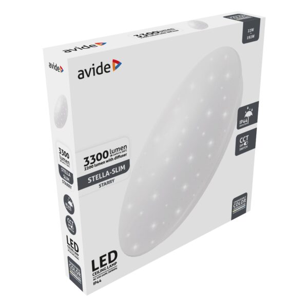 Avide LED Mennyezeti Lámpa IP44 Stella Slim 22W 380*65mm CCT 3000K 4000K 6400K 100lm/W DIP kapcsolóval | BR (SKU:ACLO38CCT-22W-STV244) 22W