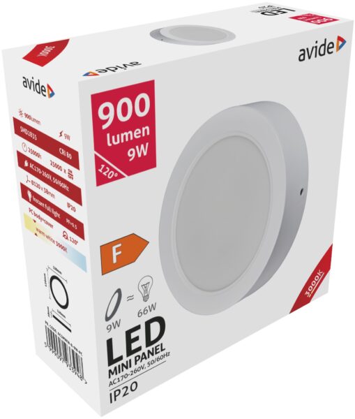 Avide LED Falra Szerelhető Kerek Mennyezeti Lámpa Műanyag 9W WW 3000K | BR (SKU:ACSMWW-R-9W-PC) LED panelek