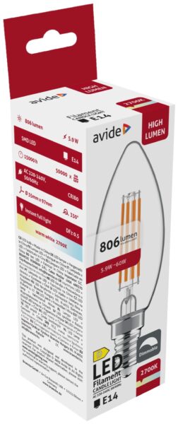 Avide LED Filament Candle 5.9W E14 WW 2700K Fényerőszabályozható | BR (SKU:ADLFC14WW-5.9W) Egyéb