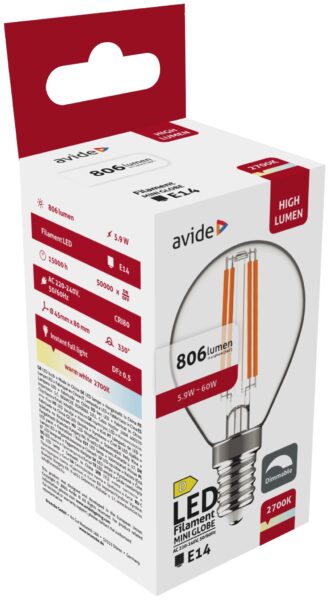 Avide LED Filament Mini Globe 5.9W E27 NW 4000K Fényerőszabályozható | BR (SKU:ADLFMG27NW-5.9W) LED izzók