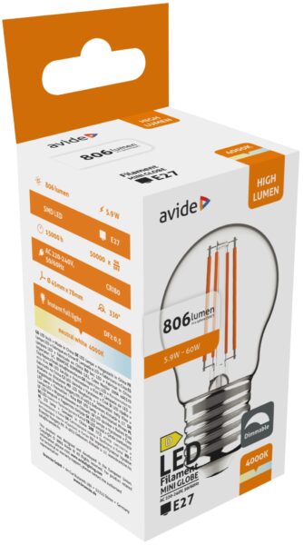 Avide LED Filament Mini Globe 5.9W E27 NW 4000K Fényerőszabályozható | BR (SKU:ADLFMG27NW-5.9W) LED izzók