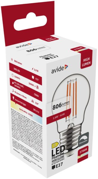 Avide LED Filament Mini Globe 5.9W E27 WW 2700K Fényerőszabályozható | BR (SKU:ADLFMG27WW-5.9W) LED izzók