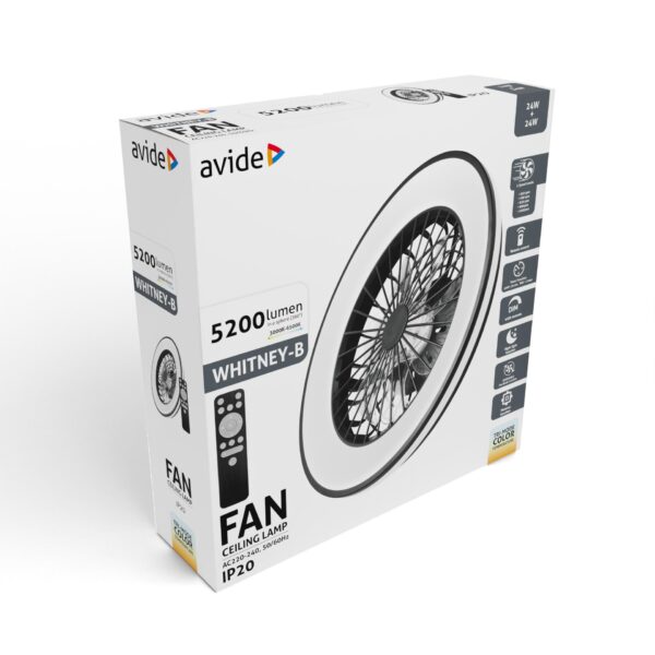 Avide Mennyezeti lámpa ventilátorral Whitney fekete, 2x24W+15W motor, távirányítóval | BR (SKU:AFCLCCT-48W-15W-WHB) Ventillátoros Avide Mennyezeti lámpa ventilátorral Whitney fekete, 2x24W+15W motor, távirányítóval | BR (SKU:AFCLCCT-48W-15W-WHB) Ventillátoros