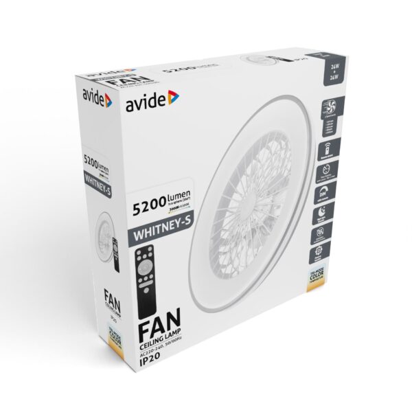 Avide Mennyezeti lámpa ventilátorral Whitney ezüst, 2x24W+15W motor, távirányítóval *Sérült Csomagolás* | BR (SKU:AFCLCCT-48W-15W-WHS-SCS) Ventillátoros